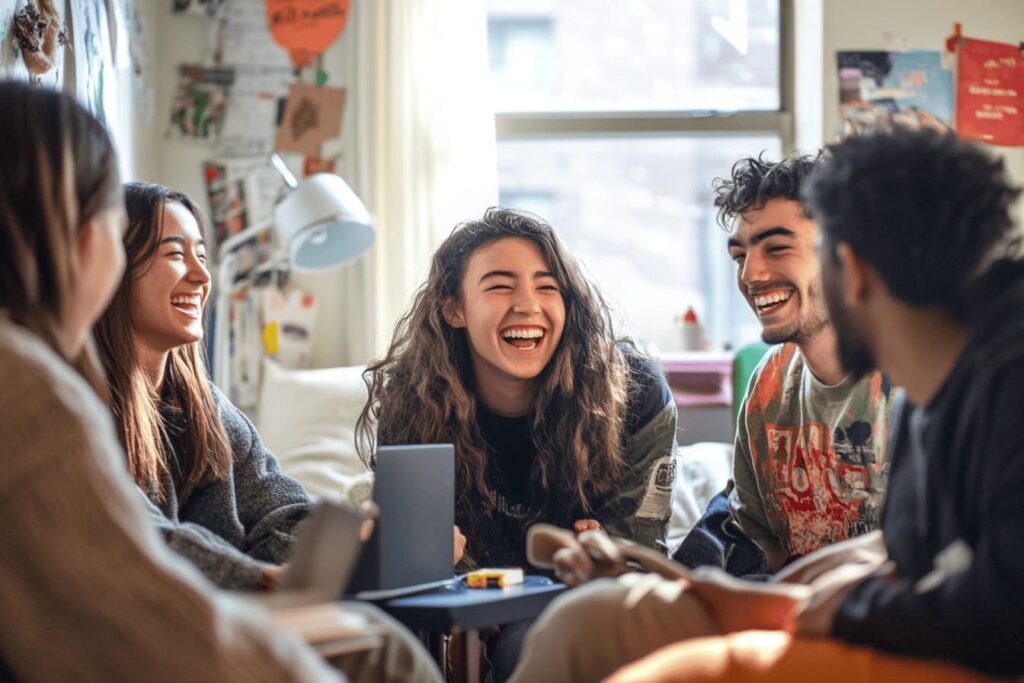 Estudiantes en una residencia en 2025, enfrentando retos como la tecnología, la diversidad cultural y la sostenibilidad, con una estrategia de comunicación eficaz
