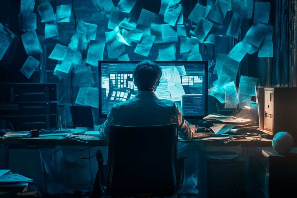 Caos digital en oficina con documentos desordenados y trabajador preocupado por la seguridad de la información